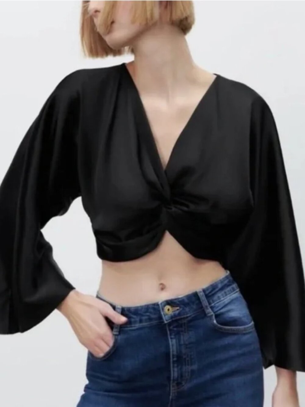 Zara Black Satin Twist-Front Cropped Blouse